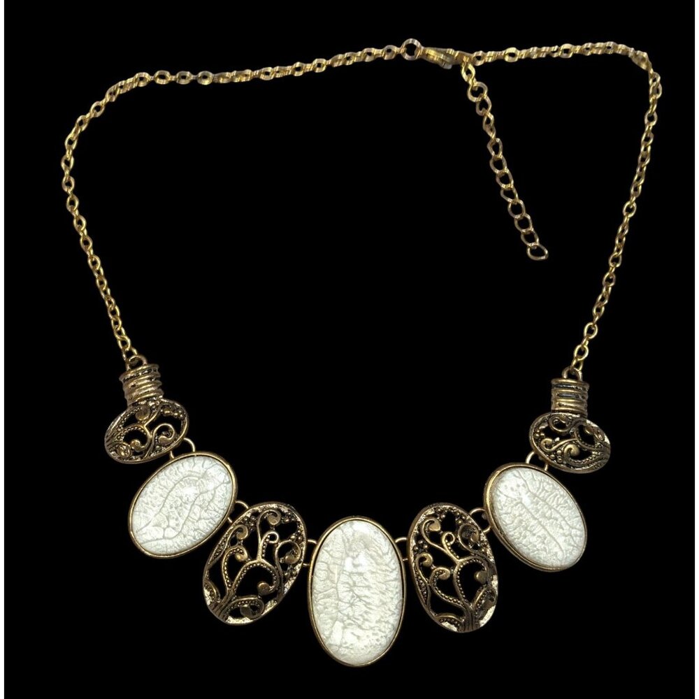 Elegant Art Nouveau Style White Crackle And Gold Tone Bib Necklace